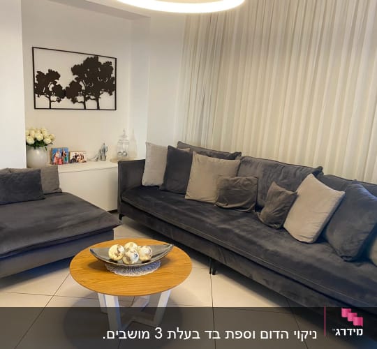 ספות אפורות עם כריות על רצפת אריחים לבנה